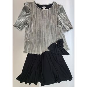 Vintage After Dark Metallic Silver Evening Dress Pleated Formal Maxi Gown 90's